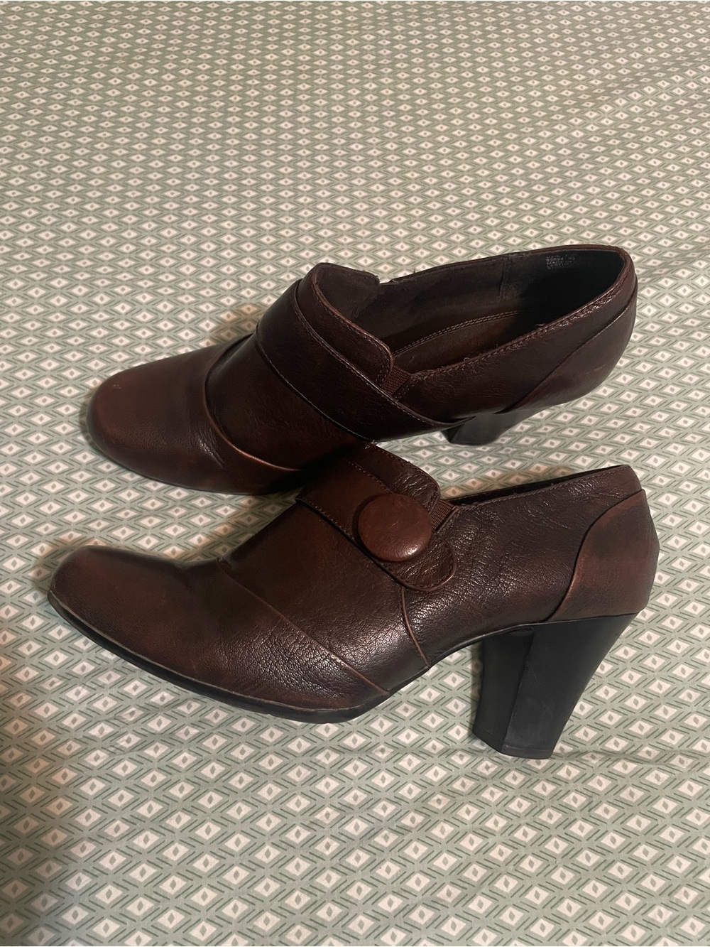 Clarks Brown Leather Heeled Loafers with Button Strap